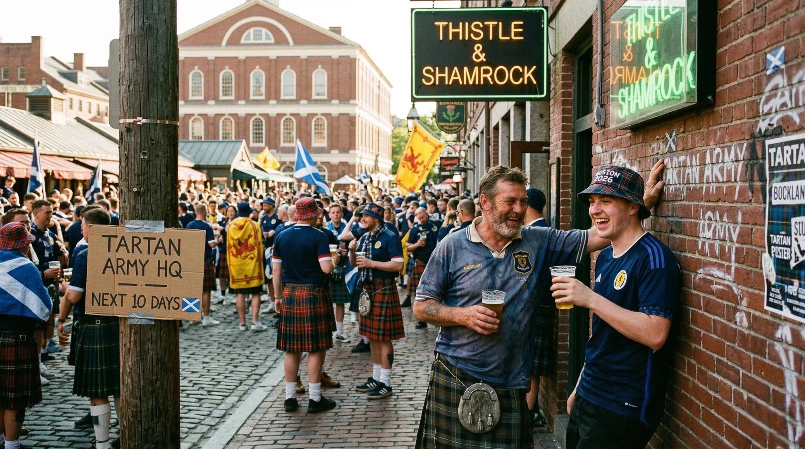 Congregation of Scotland Tartan Army drinking in the street in Boston