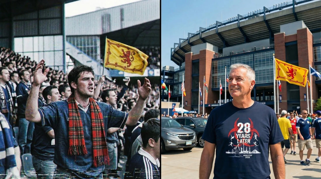 On the left, a young fan with a tartan scarf is cheering at a grainy, older match. On the right, an older fan, wearing a ‘28 Years Later’ t-shirt, stands in front of a modern American stadium, with a Lion Rampant flag visible.